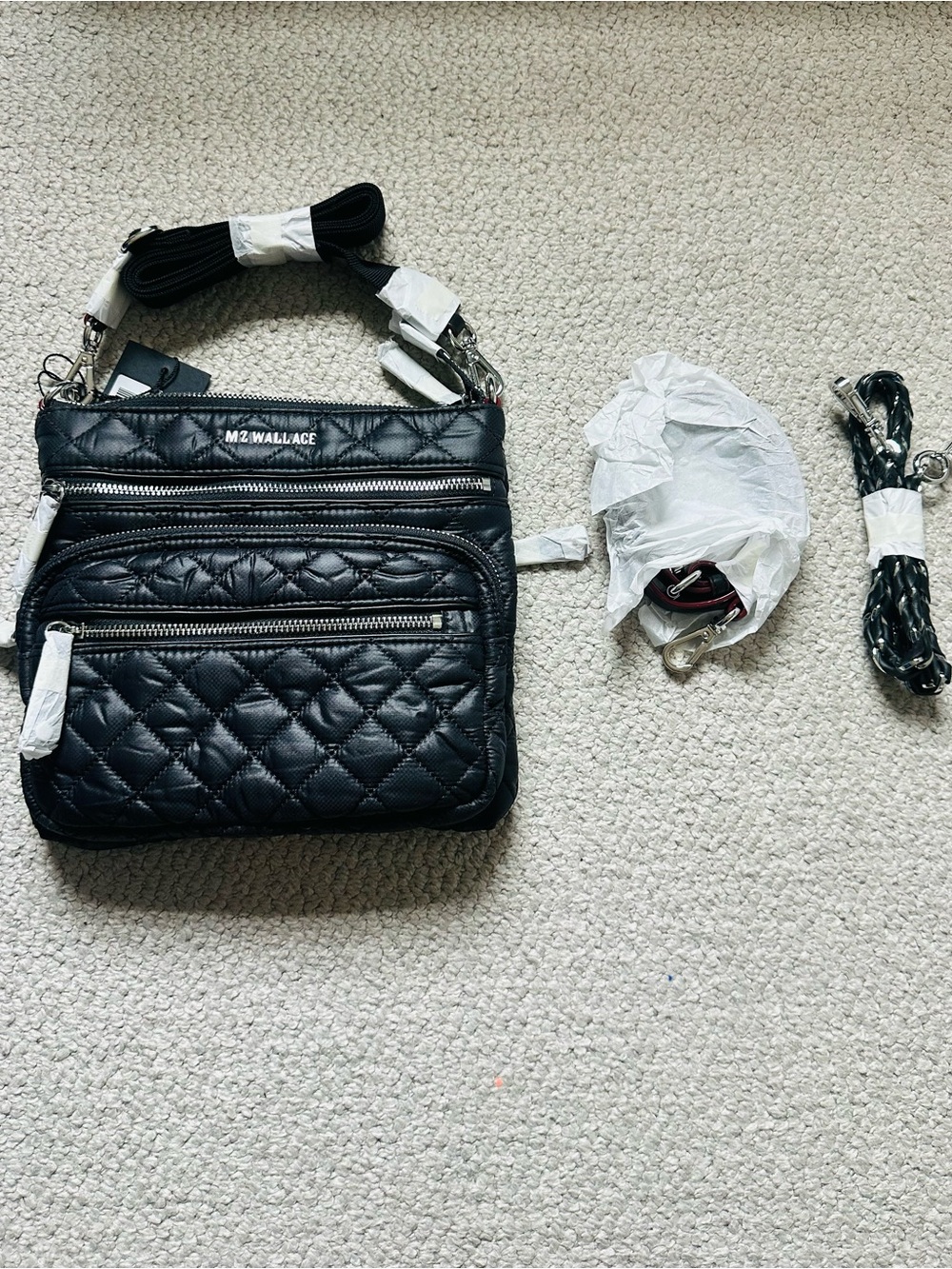 MZ Wallace Quilted Black Nylon Crossbody with Silver Zippers
